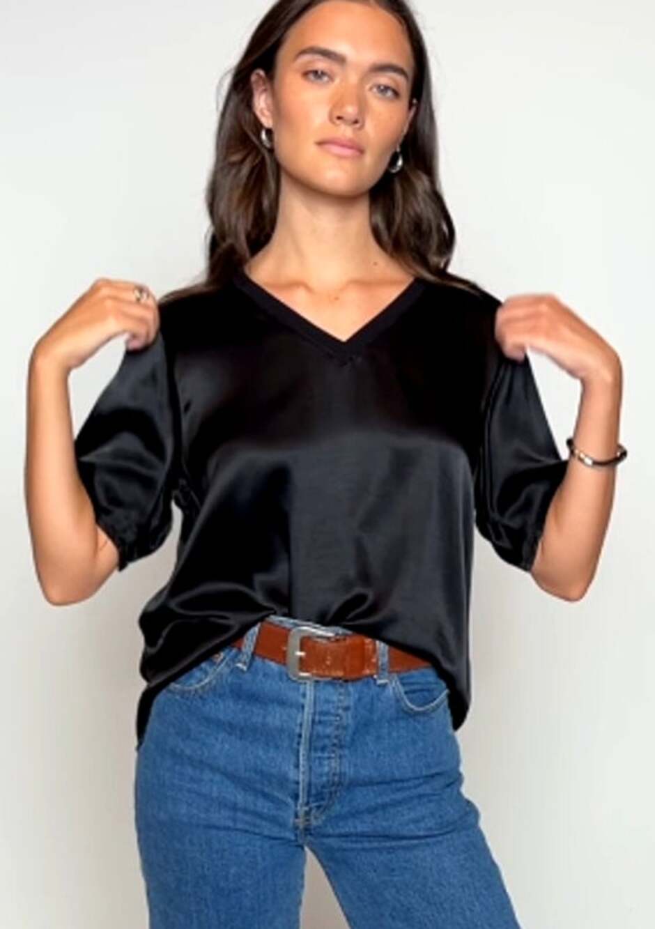 NATION LTD June Satin V-Neck Tee Blouse Minimalist Size XXL